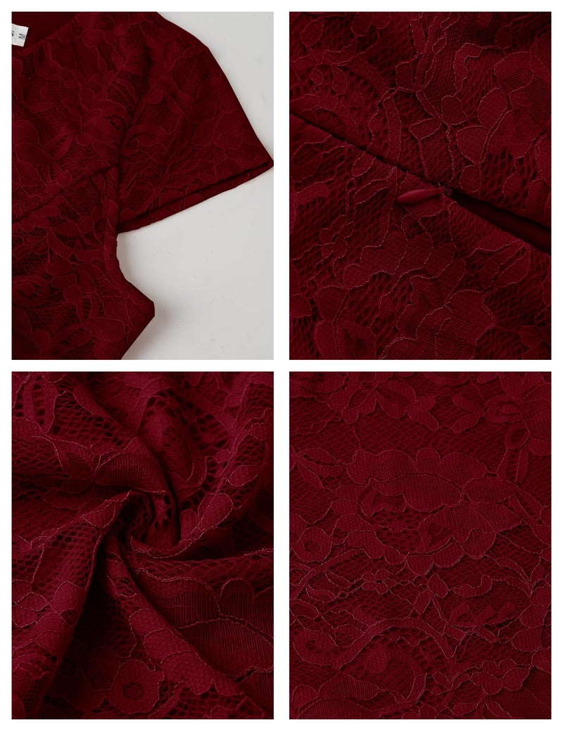 MUADRESS Women Cap-Sleeve Lace Floral Elegant Cocktail Dress Crew Neck Knee Length Bridesmaid Prom Dresses for Party Burgundy 2XL - Image 5
